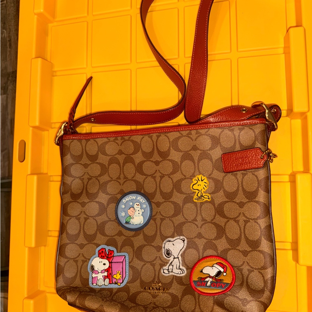 Coach Brown Signature Crossbody with Snoopy patchwork